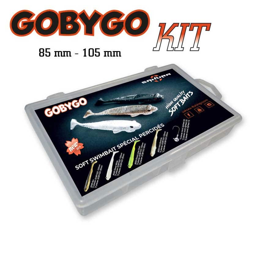 KIT GOBYGO LEURRE SAKURA SPINNING : 1 Boîte + 6 GOBYGO 85 mm + 6 GOBYGO 105 mm + 6 têtes plombées 3, 5 et 7 g (Hameçons Mustad - 2 pces / taille), Sakura, Pêcheur Maroc